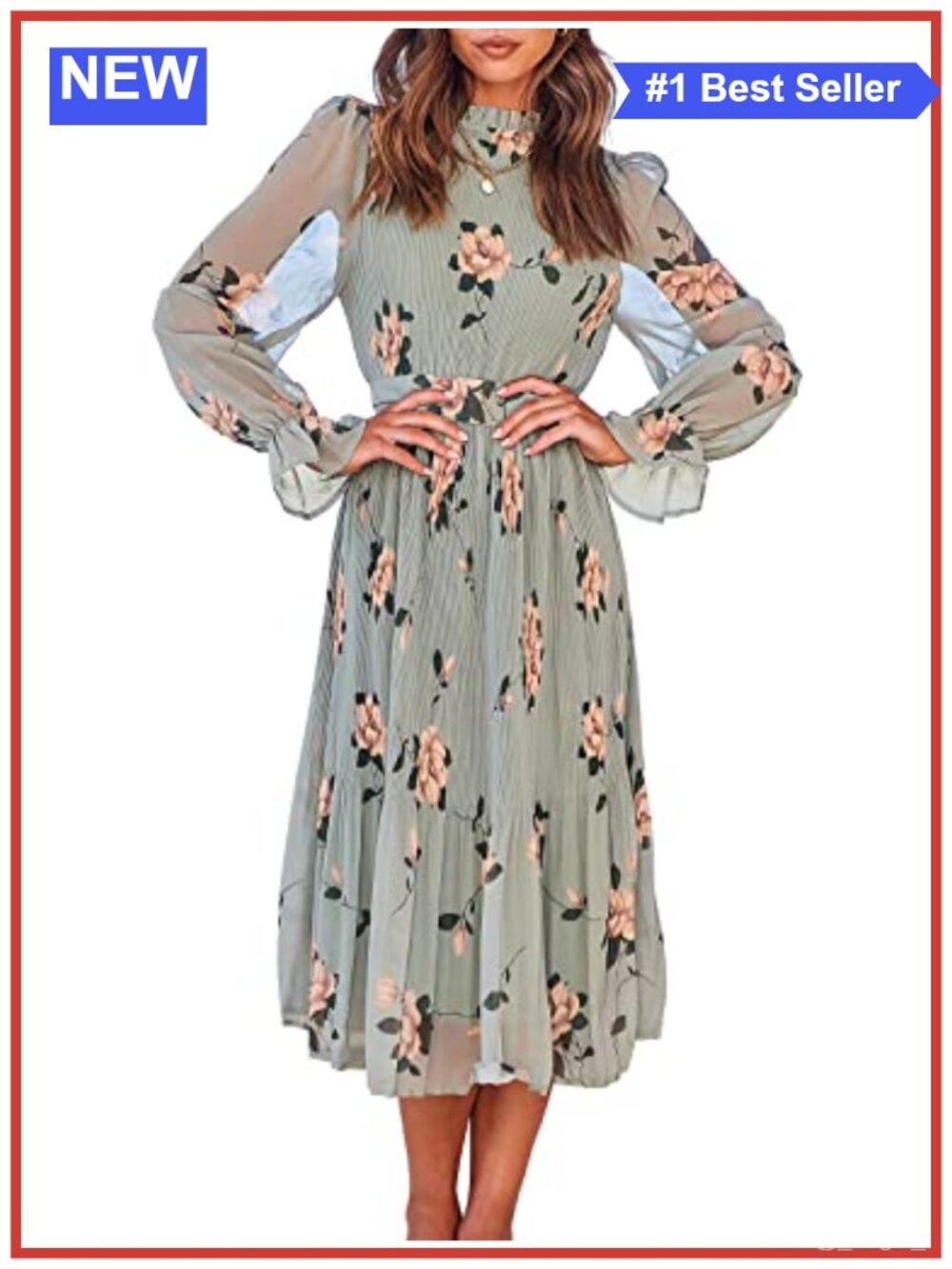 ANRABESS Women Midi Dress Sheer Puff Sleeve Smocked A-Line Floral